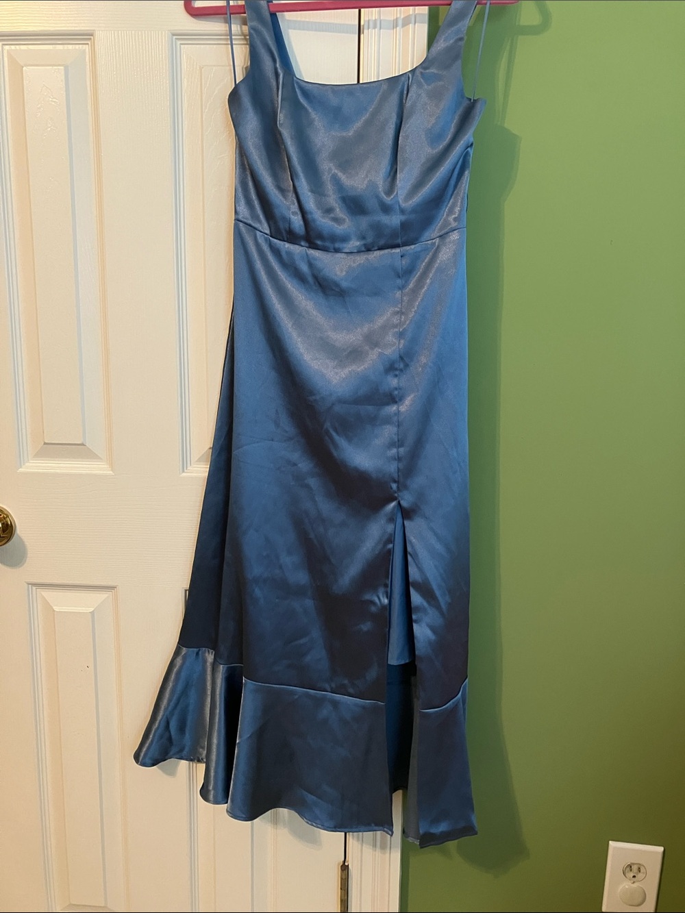 Birdy Grey French Blue Satin Midi Dress with Flared Hem